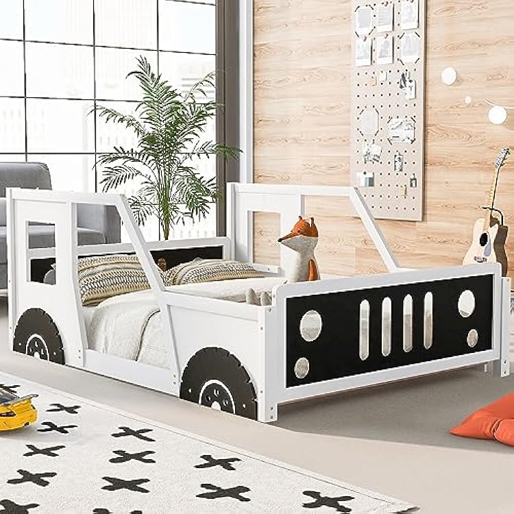 Full Size Car-Shaped Kids Bed with Headboard & Footboard and 4 Side Rails, Race Car Montessori Bed for Boys & Girls, White