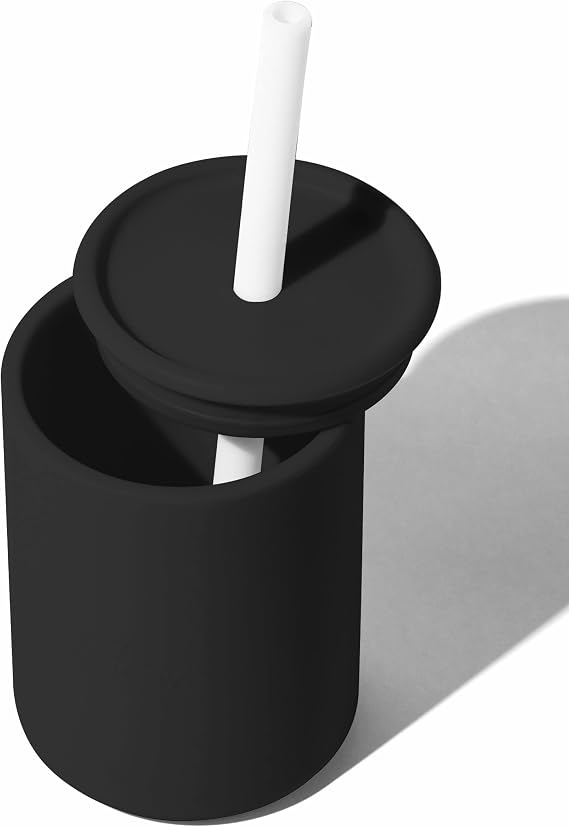 Avanchy Silicone Training Sippy Cup with Straw Lid For Babies 6+ Months to Toddlers 1 Year Old 8 oz Infant Water Cup for Baby Led Weaning, Black