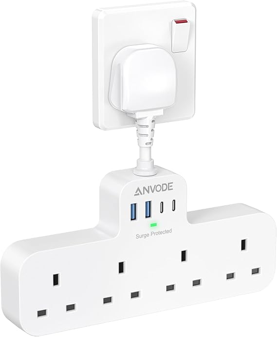 Multi Plug Extension Socket with 4 USB (2 Type C), ANVODE 4 Way Plug Adaptor with Short Cable, Adapter Plug UK Turn 1 to 8, Short Extension Lead Power Strip for Bedroom, Office, Kitchen. White