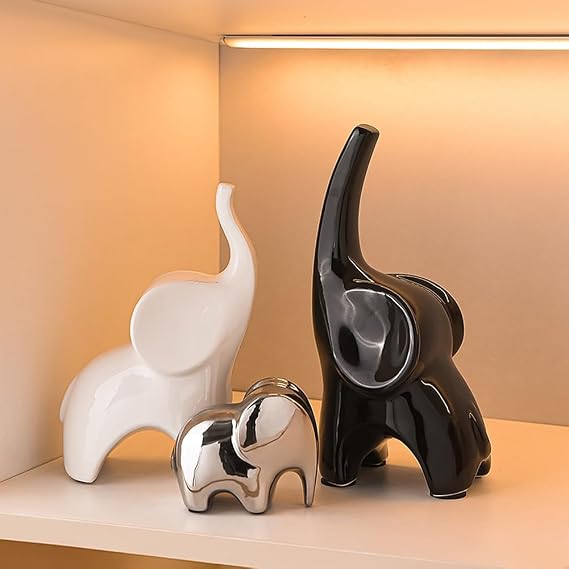 Elephant Statue Set of 3,Modern Ceramic Decor Statue,Good Luck Elephant,for Bookshelf Living Room Office Table Shelf Decorations.Gift for Elephant Lovers. (Big Ear Elephant)
