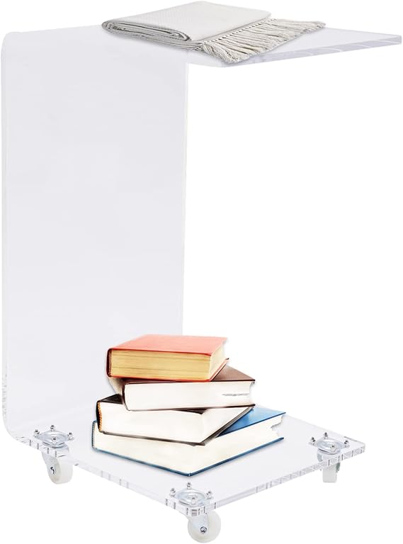 Acrylic Transparent Bedside Table C Shape Snack Table Sofa Couch Table Removable Acrylic Side Table, Transparent Coffee Table with Wheels