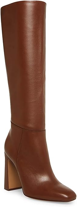 Coutgo Women's Chunky Heeled Knee High Boots Classic Leather Square Toe Zippered Tall Boot