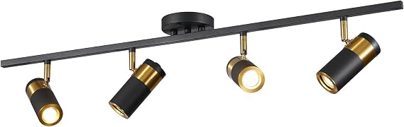 Black 4 Light Track Lighting, Flush Mount Ceiling Spotlight | 4 adjustable heads direct focused light;GU10 LED Track Light, 35.4-inch flush mount for kitchen islands, living rooms