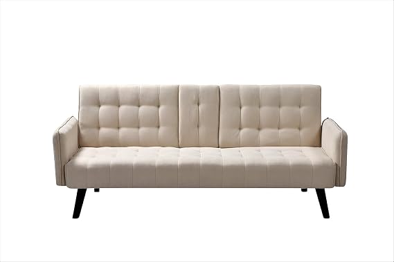 Container Furniture Direct Leno 72" Sleeper Sofa Bed - Convertible Folding Backrest to Full Bed with Cup Holder & Drop-Down Table - Space Saving Linen Sofa for Small Spaces - Easy Assembly, Beige