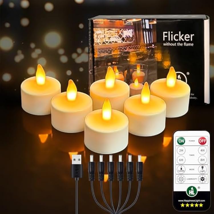 HL Rechargeable Battery Candles with Remote Timer, 6pcs 50Hours Rechargeable Tea Lights Candle, LED Votive Tea Lights Candles Yellow Flickering Light for Halloween Christmas Table Centerpiece