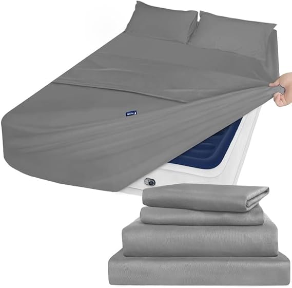 Moonsea Air Mattress Queen Sheet Set Deep Pocket Queen Sheets - 4 Piece Bed Sheets Queen Size Fade Resistant Fits 16in to 24in Pillow Top Air Bed Mattress - Grey