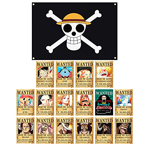 Aben One Piece Wanted Posters,16pcs 1.5 Billion New Edition, One Piece Pirate Flag, Luffys Straw Hat Flag