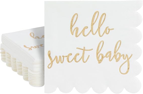 Juvale Baby Shower Napkins - 5 x 5 In, Gold Foil, 50 Pack - White Scalloped Napkins for Gender Neutral Baby Shower Decorations & Table Decor for Boy & Girl