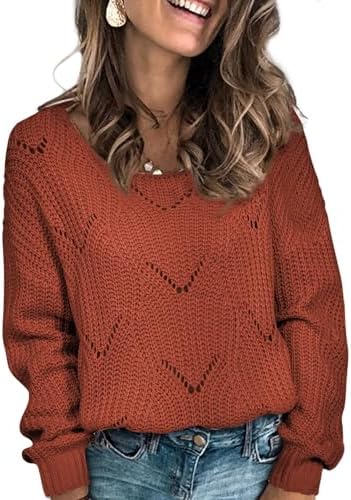 Dokotoo Womens Sweaters 2025 Crewneck Cute Elegant Soft Long Sleeve Hollow Cable Knit Pullover Tops
