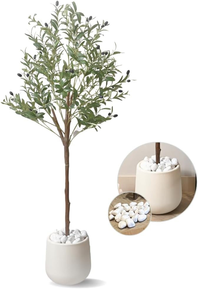 Artificial Olive Tree with Pot White Stones and Fruits, 5ft Tall Olive Trees Artificial Indoor Silk Trees for Home Decor Indoor Potted Faux Olive Tree Large Artificial Plants Indoor Fake Olive Tree