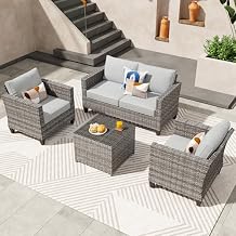 ovios 4 Pieces Patio Furniture Set, Outdoor Wicker Rattan Sofa Couch with Loveseat, Chairs, Glass Coffee Table, Conversation Sets for Yard Porch Garden, Grey