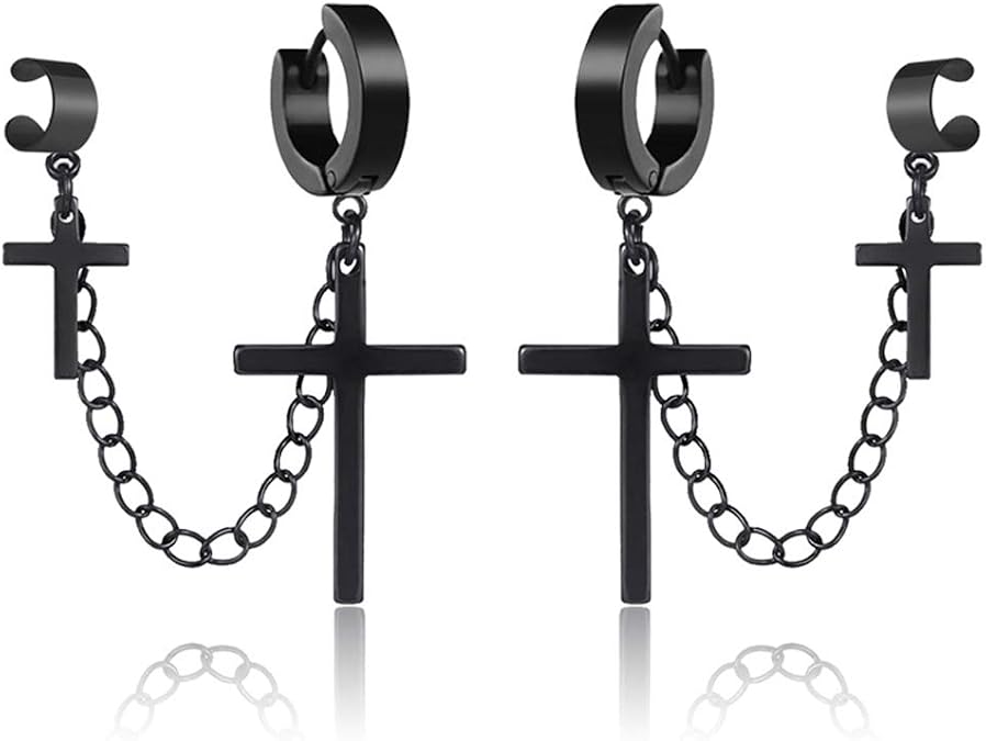 Ear Cuff Clip With Dangle Drop Cross Chain Earrings For Men Women Black Silver Stainless Steel Punk Cool Gothic Rock Fashion Cross Chain Earrings With Cuff Clip On Jewelry