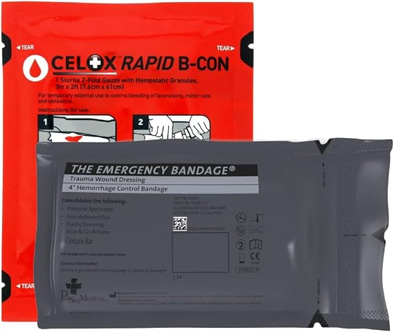 March The Emergency Bandage and Celox Rapid B-Con Z-Fold Gauze with Hemostatic Granules