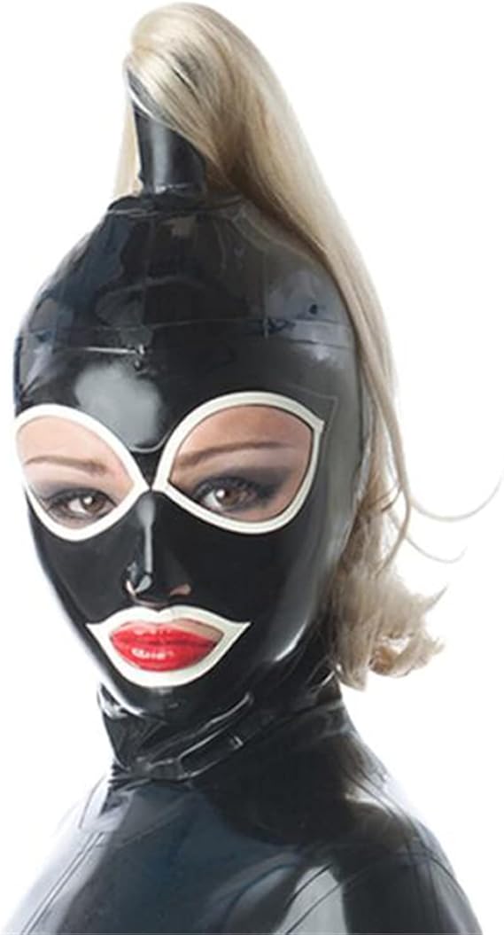 Black Latex Hood with White Trim with Blond Ponytail Back Zipper Rubber Mask with Golden Wig Cosplay Party Wear Costume