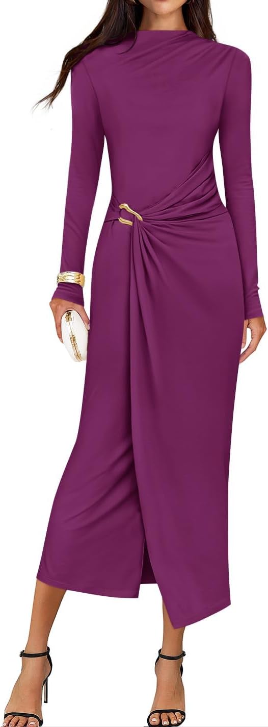 ZESICA Womens Fall Long Sleeve Wedding Guest Midi Dresses | Bodycon Ruched, Button Trim, Slim Fitted, 2026 Formal, Elegant Cocktail Party, Bridesmaid Dinner, Knit Long Dress, Daily Date