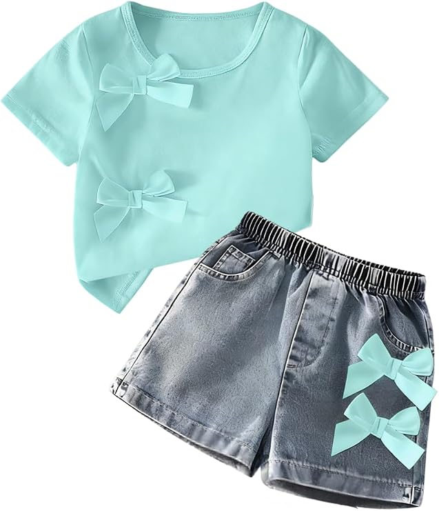 Azmxynol Kid Girls Clothes Outfits Bowknot T-Shirt + 2 In 1 Denim Short Skort Summer Clothing Set, Size 4-10 Years