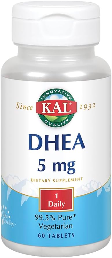 KAL DHEA 5 mg Tablets - DHEA 5mg Supplement for Women & Men, 99.5% Pure, Natural Daily Support, Vegetarian - 60 Tablets