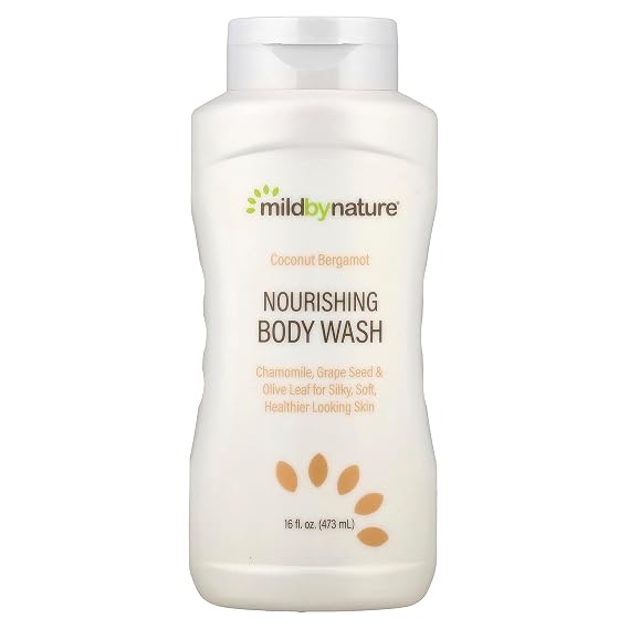 MILD BY NATURE Nourishing Body Wash Gentle Cleanser with Shea Butter, Coconut Oil, Chamomile - Cruelty Free - No Sulfates, Parabens, or Phthalates - Coconut Bergamot - 16 fl oz (473 ml)