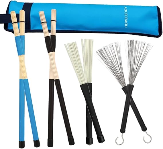 Drumbrush Set 4Pairs,Cahon Metal Wire Brushes,Jazz Nylon Brushes,Percussion,Bamboo Tie Rods,Birch Multi-Rod Bundle Sticks with Blue Drumstick Bag,Suitable for beginners