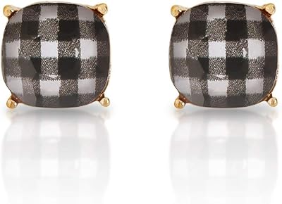 Buffalo Plaid Earrings for Women - Dainty Cushion Cut Matching Acrylic Gemstones with Stainless Steel Posts - Simple, Delicate Gems - Stud Earrings in an Open-Back Setting
