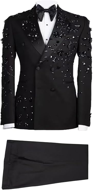 Luxury Embellished Men Suits Set 2 Piece Blazer Pant Crystals Beading Elegant Prom Wedding Tuxedo Coat Formal Jacket
