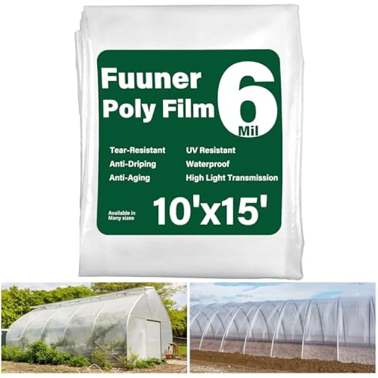 Greenhouse Plastic Sheeting 6 Mil, 10 x 15 FT Heavy Duty Clear Polyethylene Film for Greenhouses, High Light Transmission, Weatherproof, UV Resistant, Plastic Covering for Gardening, Farming
