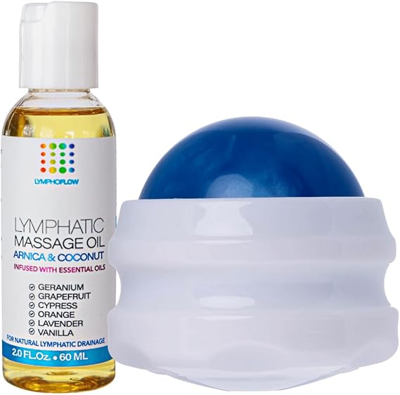 Bruizex Arnica Coconut Lymphatic Drainage Massage Oil 2oz & Fibro Roller Lymphatic Drainage Massage Roller Ball Bundle, for Fibrosis Treatment, Manual Lymph Drainage & Post Surgery Recovery