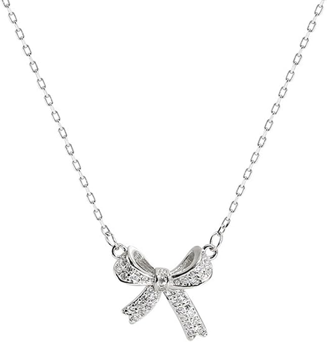 Bow Necklace for Women Rhinestone Bow Ribbon Pendant Necklace Gold Silver Bow Chain Necklace for Women Party Jewelry