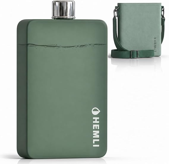 12 oz Flat Water Bottle with Carrying Case Thin Square Travel Water Bottle Fits in Purses & Bags Shatterproof BPA-Free Tritan Plastic Leakproof Silicone Seal (Sage)