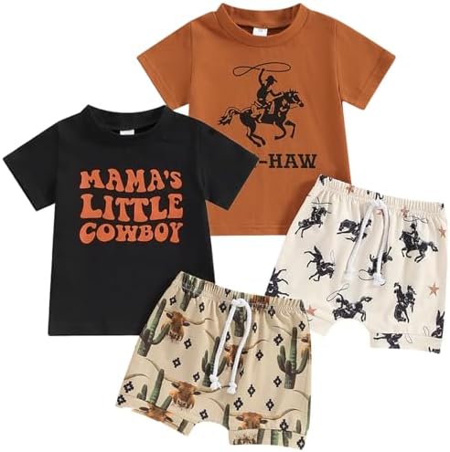Baby Cowboy Outfits Toddler Western Cow Print Short Sleeves ShirtElastic Shorts Baby Boy Casual Summer Clothes Set