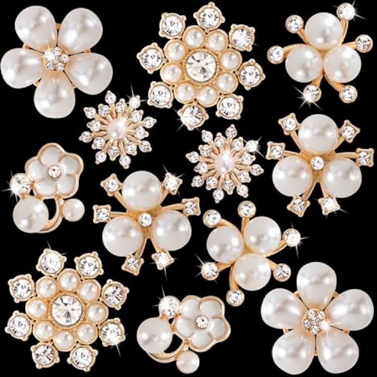 12 PCS Pearl Rhinestone Buttons Embellishments Gold Crystal Wedding Bouquet Brooches Flower Jewelry Charm for Women DIY Clothes Shoes Craft Decoration