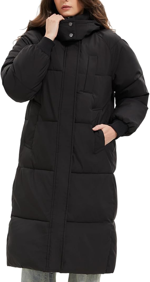 PUFFIT Women Long Puffer Jacket Hood Winter Water Repellent Wind-resistant Warm Ladies Quilted Padded Coat Big Pocket