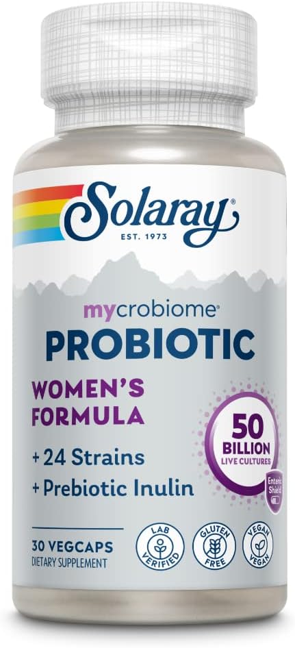 SOLARAY Mycrobiome Probiotic Womens Formula, 24 Strains Plus Prebiotic Inulin, Specially Formulated for Women, Digestion, Mood & Urinary Tract Support, 50 Billion CFU, 30 Servings, 30 VegCaps