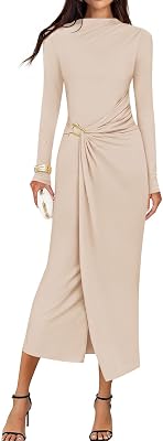 ZESICA Womens 2026 Spring Long Sleeve Bodycon Dress Mock Neck Wedding Guest Cocktail Party Long Midi Dresses