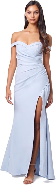 Jarlo London Women's Bluebell Bardot Maxi Dress with Slit Thigh and Button Back Dress powderblue