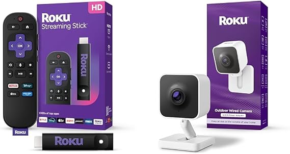 Roku Streaming Stick HD TV Streaming Device with Voice Remote & Roku Outdoor Camera 1080p HD Security Camera Bundle