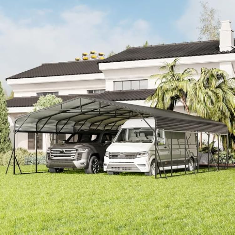 20X30 Heavy Duty Galvanized Steel Carport Canopy with Reinforced Triangle Frame for Snow and Wind - Enhanced Base for Car, RV, Pickup, Boat, Truck, Tractor