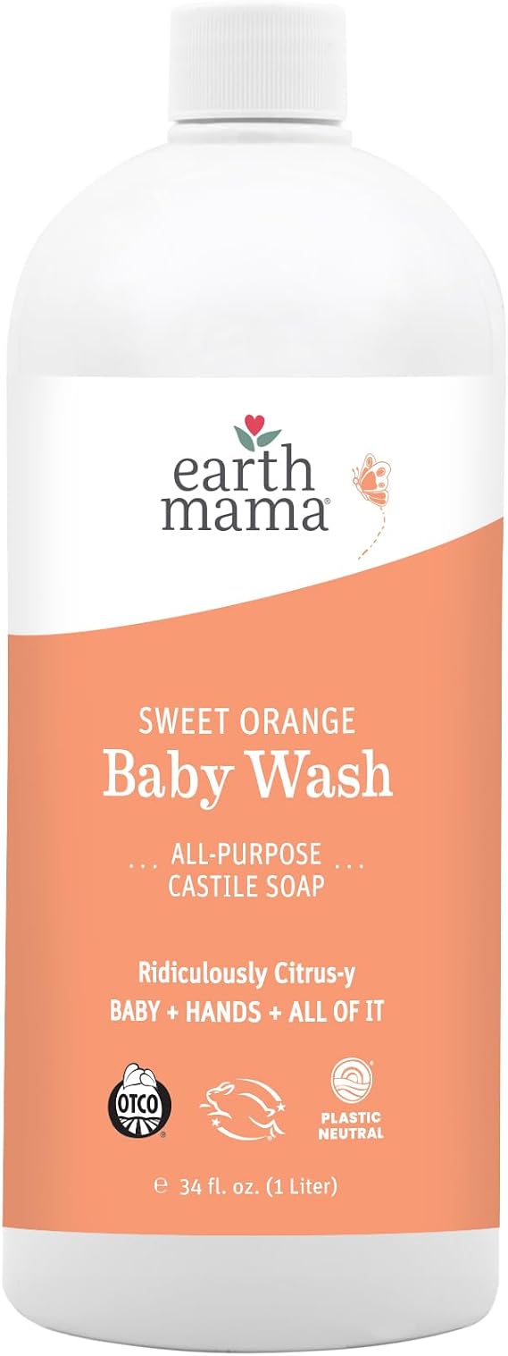 Earth Mama Sweet Orange Baby Wash Liquid Foaming Hand Soap Refill, Organic All Purpose Body Wash for Sensitive Skin, Castile Soap with Coconut Oil, Shea Butter, Calendula, Aloe, 34 fl oz