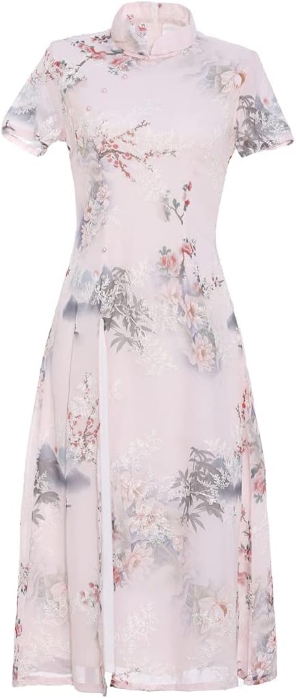 Shanghai Story Chinese Style Womens Birthday Party Collar Floral Long Cheongsam Dress Retro Gown Qipao