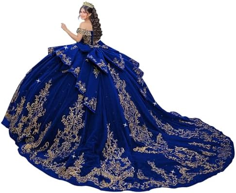 Mouccy Sparkly Gold Appliques Quinceanera Dresses with Bow Off Shoulder Lace Quince Dress Rhinestone Puffy Sweet 16 Dresses