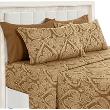 Ultra Soft Wrinkle-Free Microfiber Paisley Full Sheet Set, Cute Floral Pattern Boho Print 16" Deep Pocket Fitted Sheet, Flat Sheet & 4 Pillowcases, Breathable, OEKO-TEX - Brown