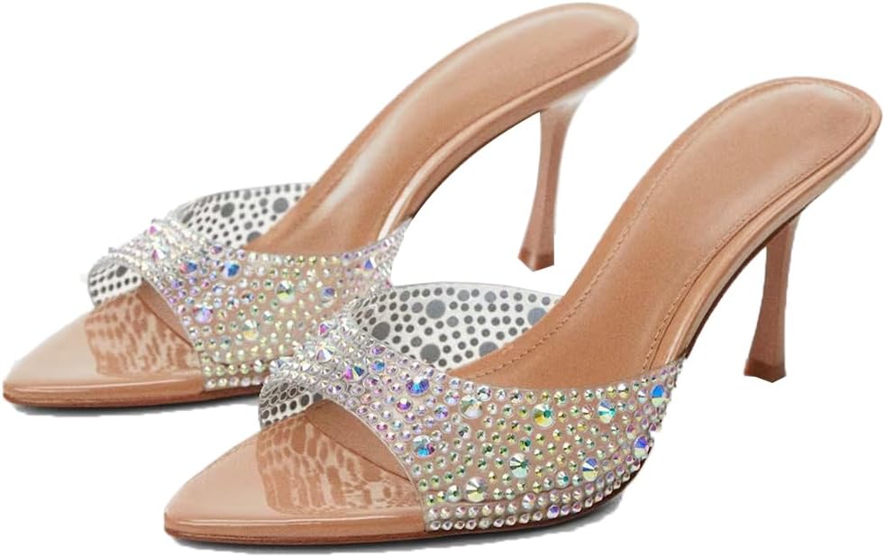 YIYA Women's Glitter Rhinestone Clear Transparent High Heeled Sandals Open Pointed Toe Kitten Heels Party Dress Slip On Mules