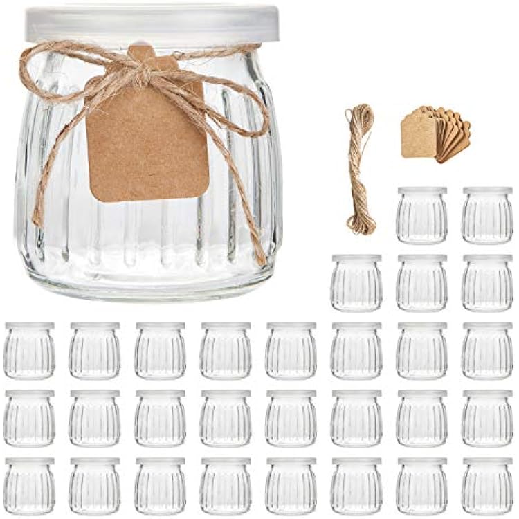 Encheng Glass Jars, 7 oz Glass Yogurt Jars With LidsPE,Replacement Glass Pudding Jar With Plastic Tops,Clear Yogurt Container With Twine n Tag For Milk,Jams,Jelly,Mousse,Dishwaresafe 30 Pack