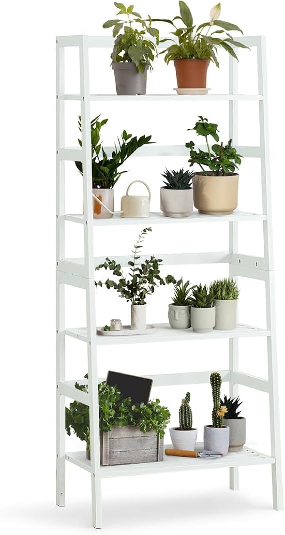 Fencer Wire 4-Tier Bamboo Ladder Shelf, Bamboo Open Storage Ladder Bookshelf, Freestanding Plant Standing Display Stand, Multifunctional Storage Rack Stand for Bathroom, Bedroom, Kitchen, White