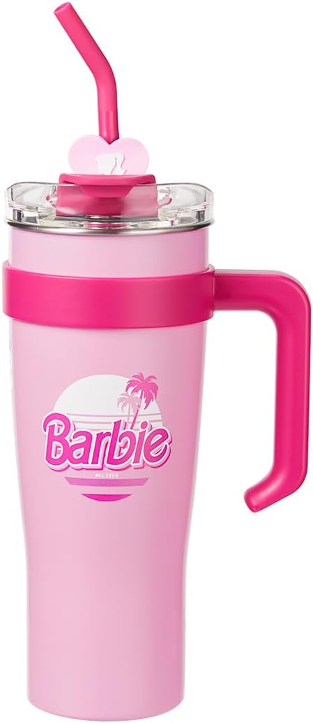 MINISO Barbie Tumbler with Handle and Straw 54 oz | Cup Holder Compatible for Travel | Insulated Stainless Steel Cup | BPA-Free | Thermos for Girls Women and Barbie Fan-Pink