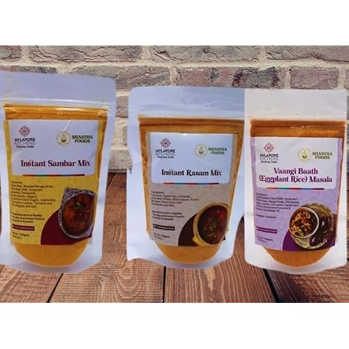 Mylapore Kitchen Mix Combo J - Instant Sambar Mix-120g, Instant Rasam Mix-150g,Vangi Bhath masalaEgg Plant Rice mix -100g PACK OF 3