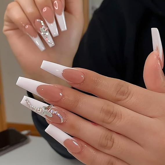 RikView Press on Nails Long Fake Nails Pink Nail Tips Coffin Nails Glossy Acrylic Nails 24PCs/Set