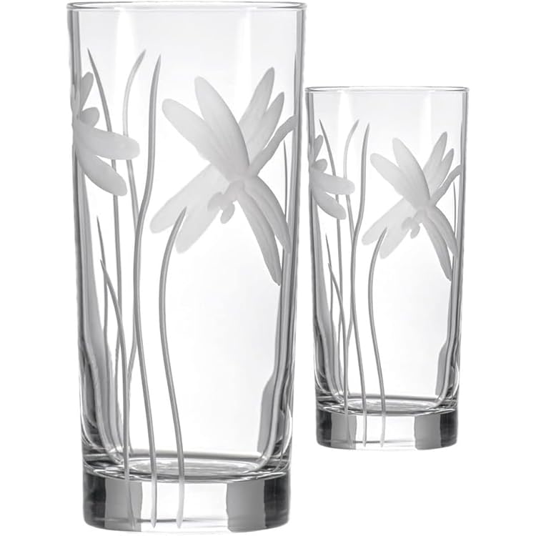 Rolf Glass Dragonfly Highball Glass 15 ounce - Set of 2 Cooler Glasses Lead-Free Glass - Etched Drinking Glass with Heavy Base - Made in the USA