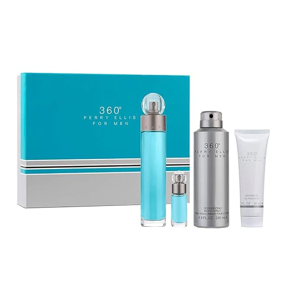 Perry Ellis 360 By Perry Ellis for Men - 4 Pc Gift Set 3.4oz Edt Spray, 6.8oz Deodorizing Body Spray, 3.0oz Shower Gel, 0.25oz Edt Spray, 4count