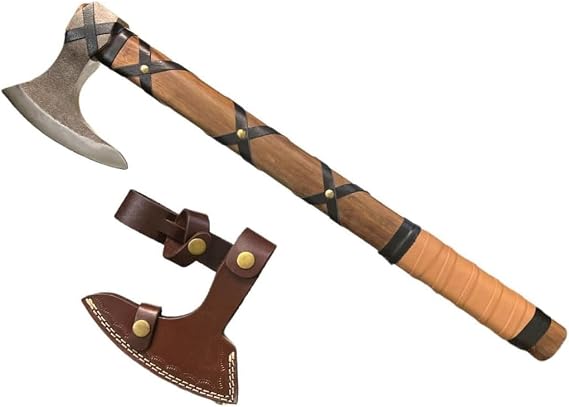 Viking Axe, Throwing Hatchets, Battle Axe, Wood Working Tools, Gifts for Men, Tomahawk Ax Head, Bearded Axe, Craft Weapons Brown Ragnor Leather